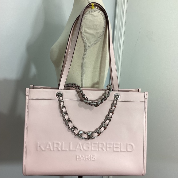 NWT KARL LAGERFELD LARGE BAG TOTE SATCHEL POWDER PINK  LEATHER SILVER CHAIN - Picture 5 of 12
